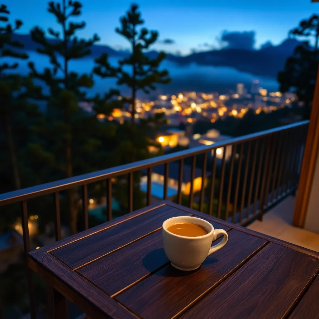 A cozy transient house balcony overlooking Baguio's city lights at dusk, with a warm cup of coffee on a wooden table, pi