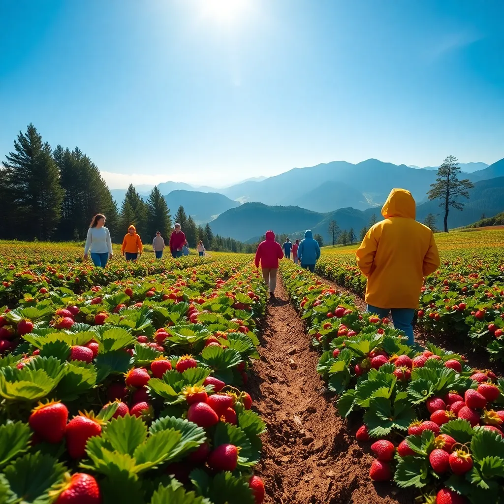 A vibrant scene at the Strawberry Farm in La Trinidad, with rows of strawberry plants under a clear blue sky, tourists i