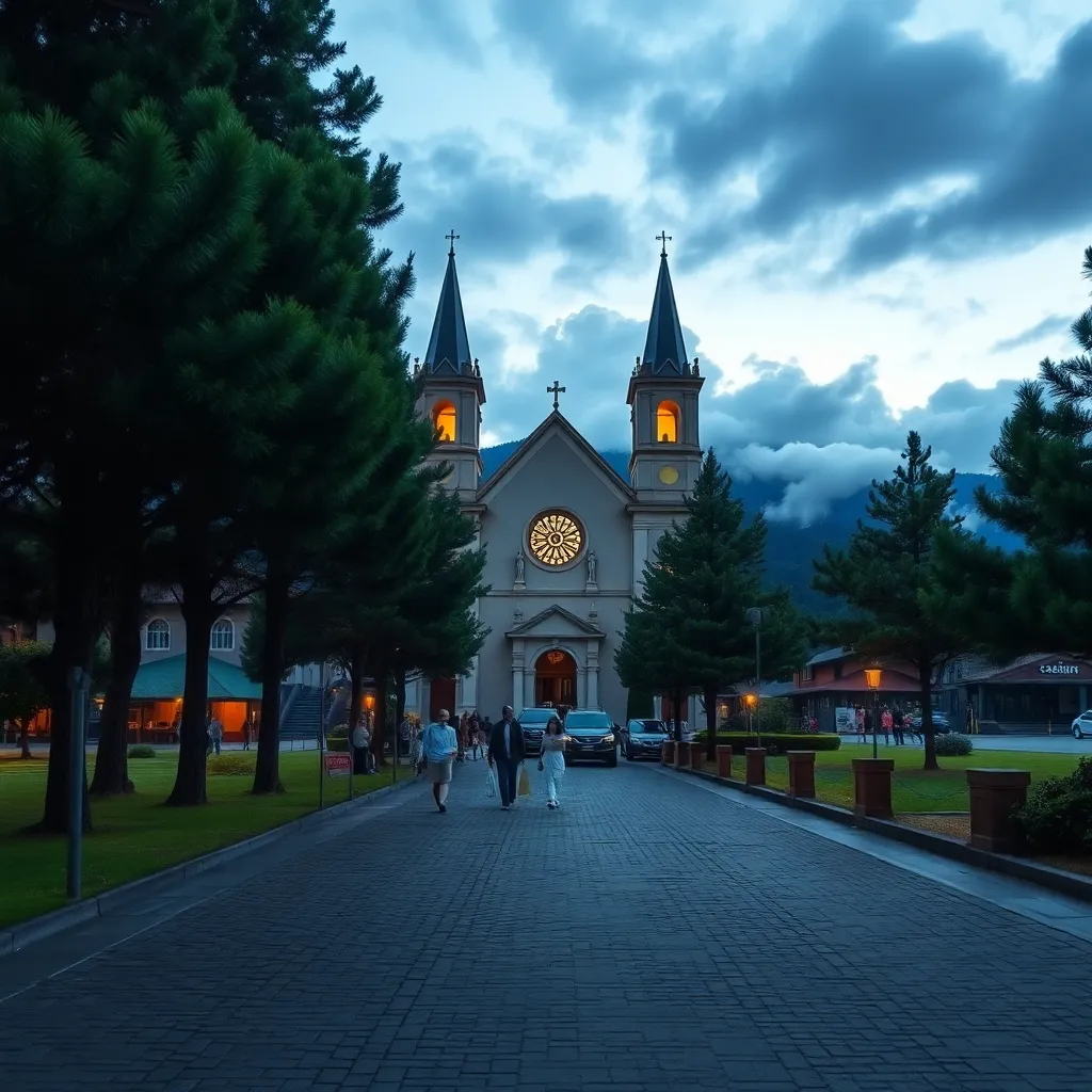 A panoramic view of Baguio Cathedral at dusk during Holy Week, with soft candlelight glowing from inside the church and 