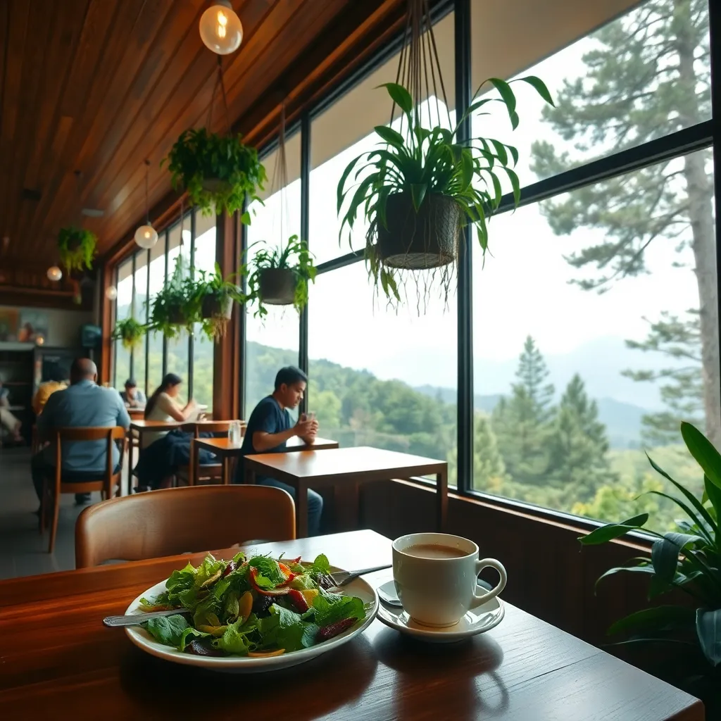 A cozy interior of a Baguio café during Holy Week, with wooden tables, hanging plants, and soft natural light from large