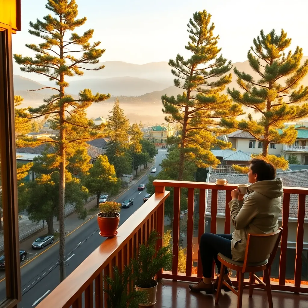 Cozy transient house balcony overlooking Baguio's pine tree-lined streets in late afternoon golden light, with mountains