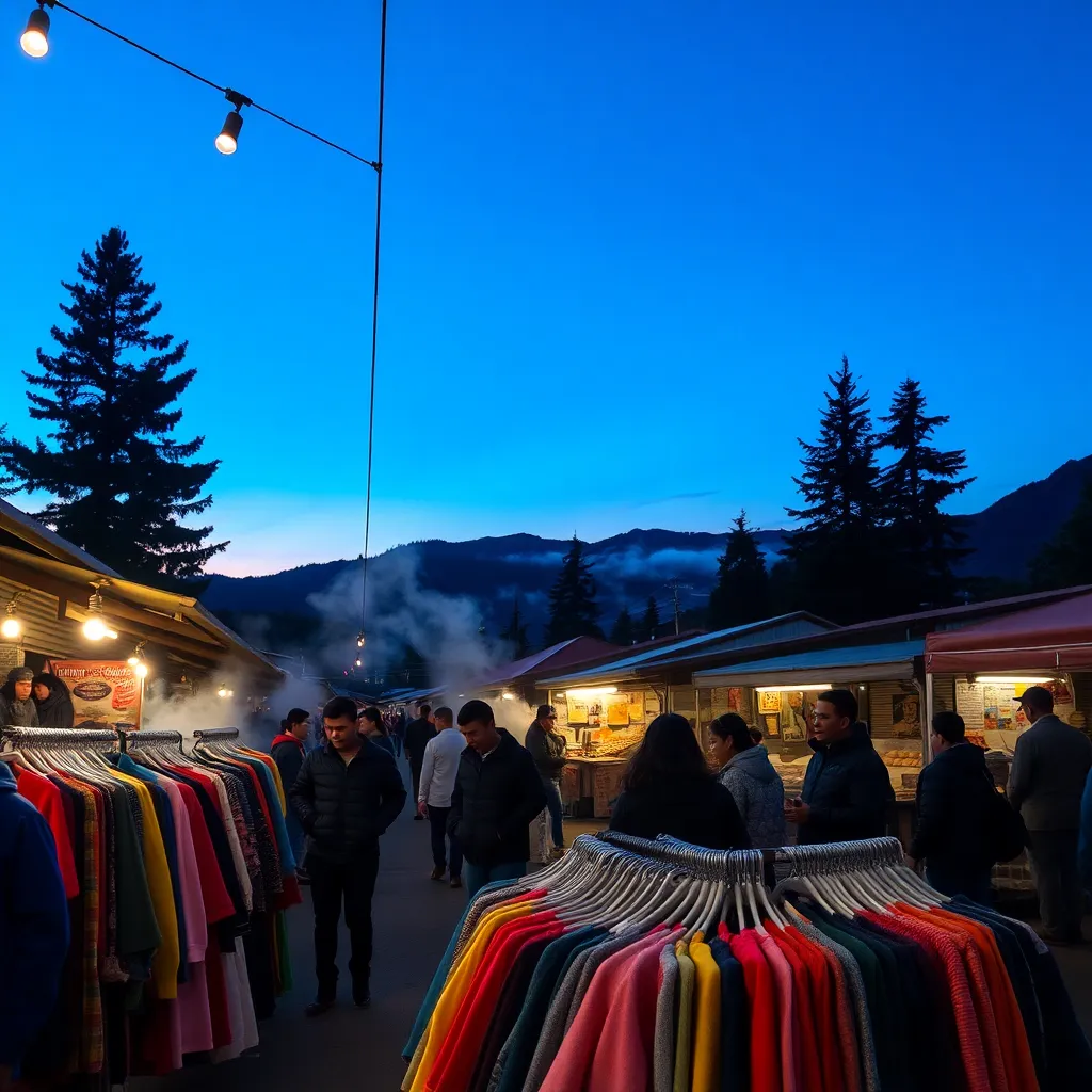Racks of colorful thrift clothes at the Baguio Night Market under string lights, with shoppers browsing in winter jacket